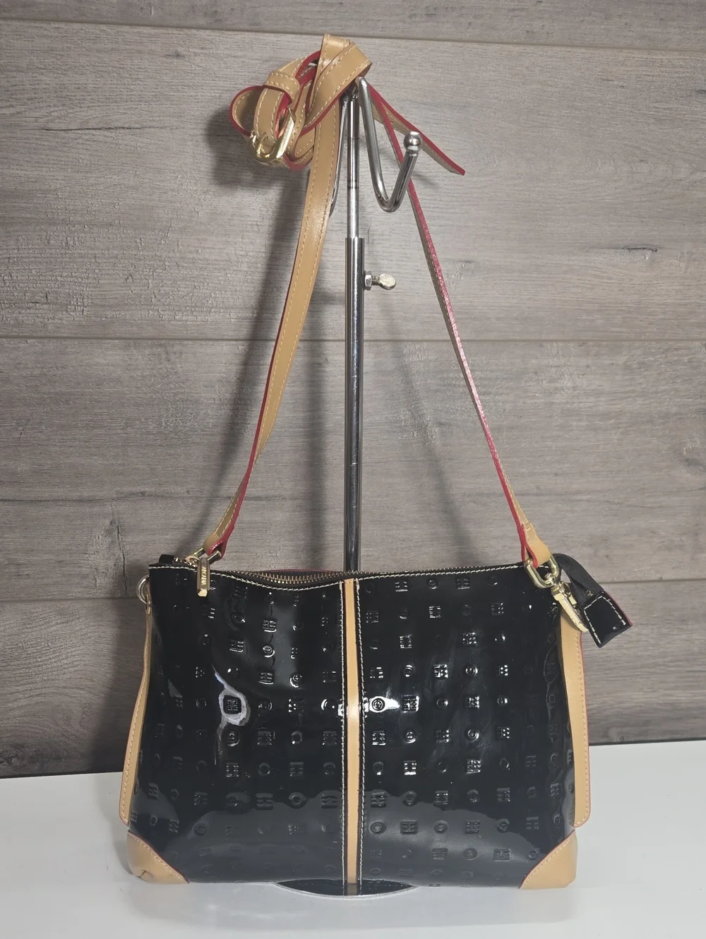 Arcadia Black Patent Italian Leather Crossbody  Shoulder Bag with Tan Trim